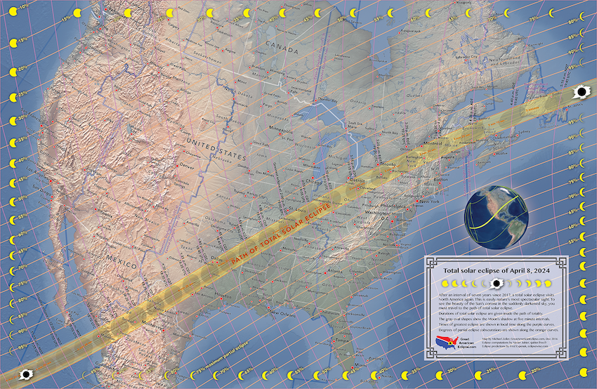 a map of the United States with the path of the total sola eclipse of 2024