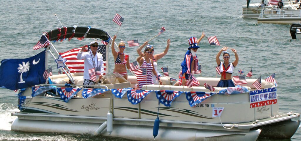people on a pontoon boat with American apparel