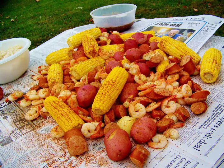 Seasoned corn, shrimp and potatoes from a Lowcountry boil