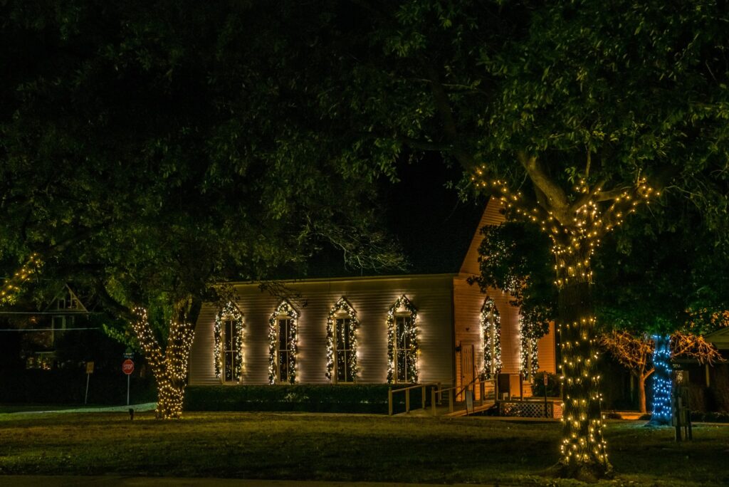 A small church in Granbury, TX, decorated for Christmas. 