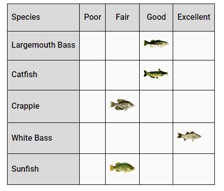 chart that shows the probability of catching largemouth bass, catfish, crappie, white bass, and sunfish on Lake Brownwood.