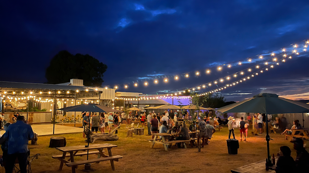 The PK Ice House ion Graford, TX
People, picnic tables, lights, and umbrellas at night