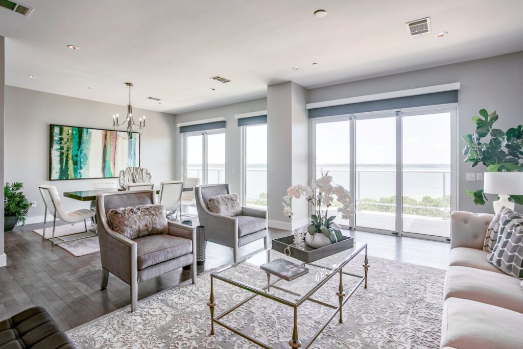 Living room of condo in front of Lake Grapevine.